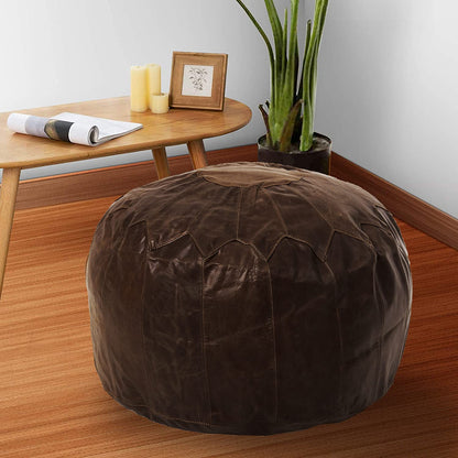 Woodland Leather Tan Morrocon Style Pouffe 17.5" Diam, Genuine Leather Designer Bean Bag Chair Stuffed-1Piece, Brown