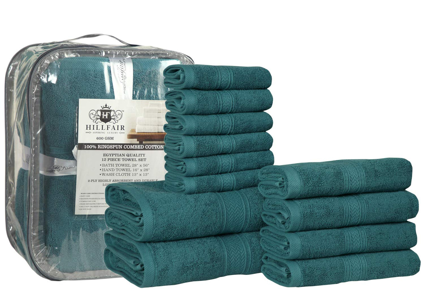 Hillfair 12-Piece 600 GSM Cotton Bath Towel Set - Hotel Spa Towels: 2 Bath, 4 Hand, 6 Washcloths - Absorbent, Super Soft - Teal