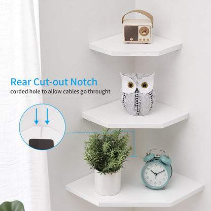 GIEANOO White Corner Shelf Wall Mount, Natural Oak Wood Floating Corner Wall Shelf Round End Shelving Solution Floating Speaker Small Corner Plant