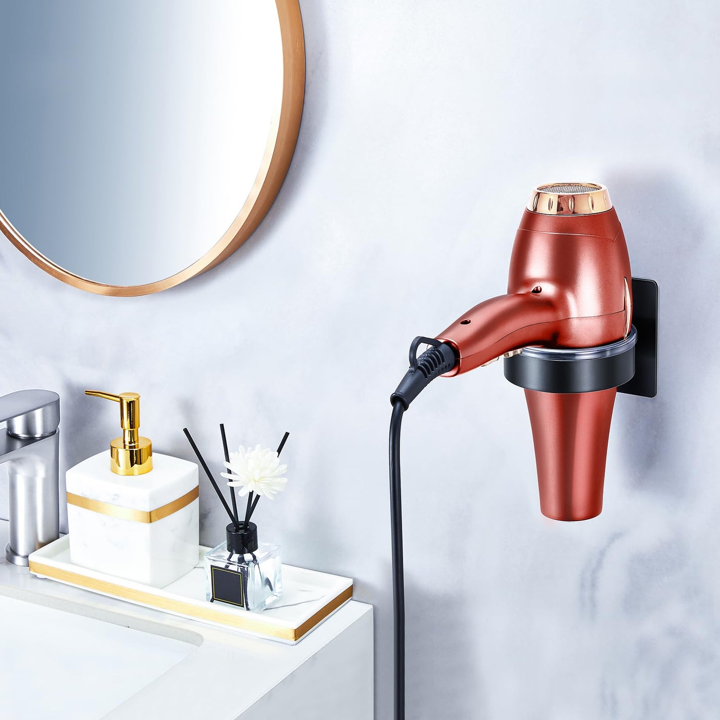 YYBO Hair Dryer Holder Wall Mount, Hairdryer Holder Station for Hair Dryer Storage, Adhesive Hairdryer Stand Rack for Dressing Table Bathroom (Black)