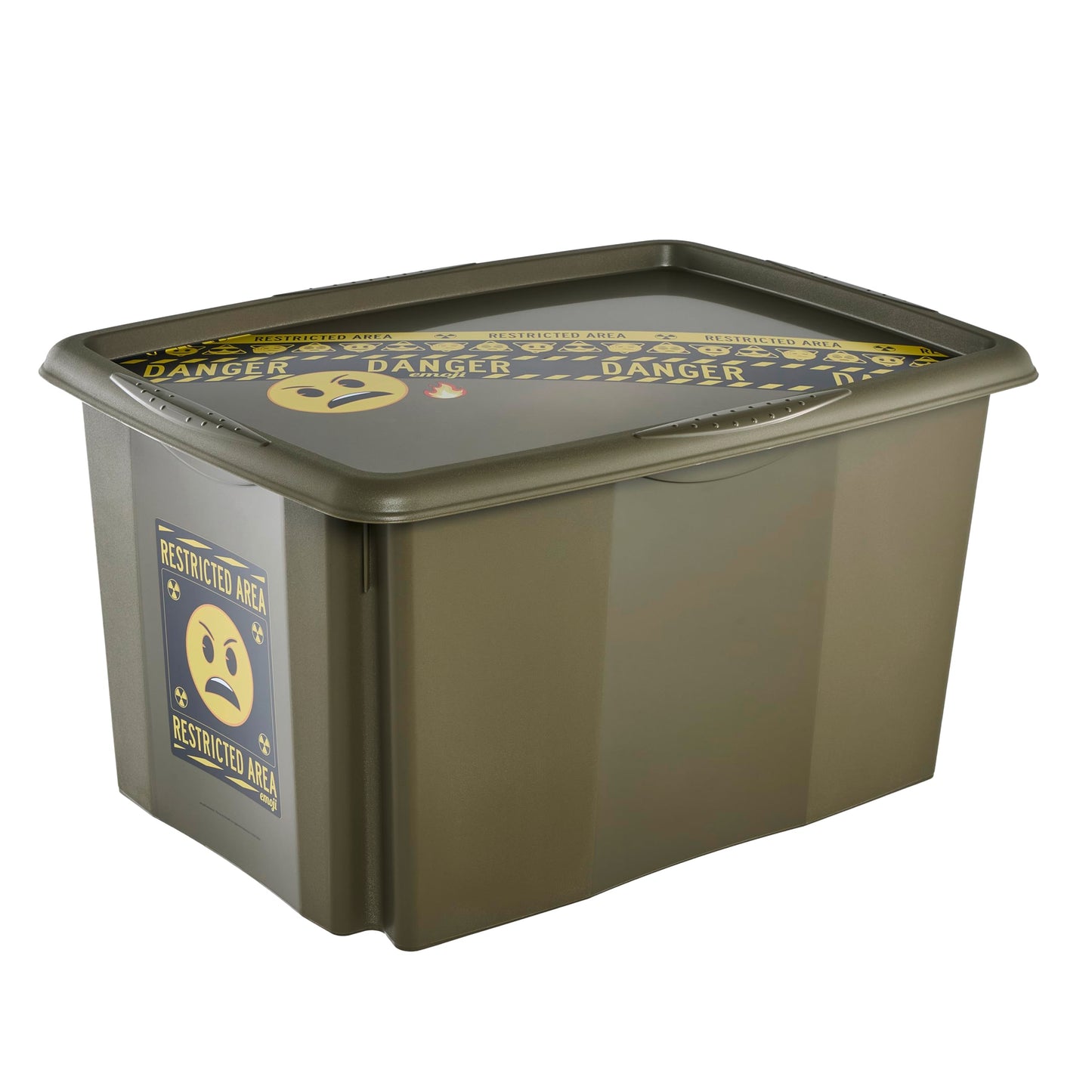 keeeper karolina storage box with lid, 45 l, stackable and nestable, Emoji Danger design, For children, Olive green (Olive)