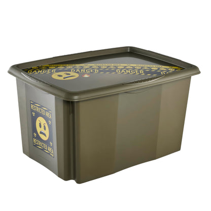 keeeper karolina storage box with lid, 45 l, stackable and nestable, Emoji Danger design, For children, Olive green Olive