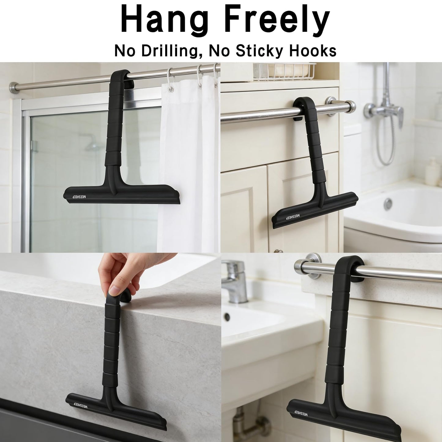 MEESHEEP Shower Squeegee Built-In Integrated Hook, 25 cm, Silicone, Black