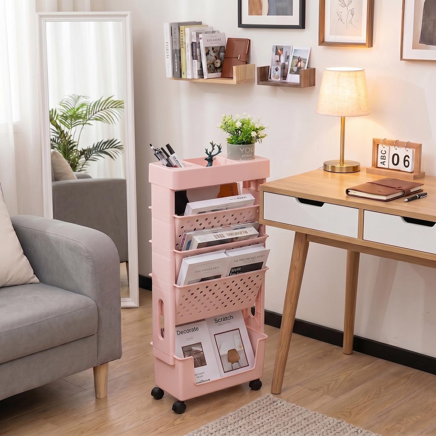 DOEWORKS Mobile Bookshelf with Wheels Small Rolling Book Storage Trolley Craft Trolley Art Trolleys 5-Tier Slim Bookcase Movable Bookshelf for Living