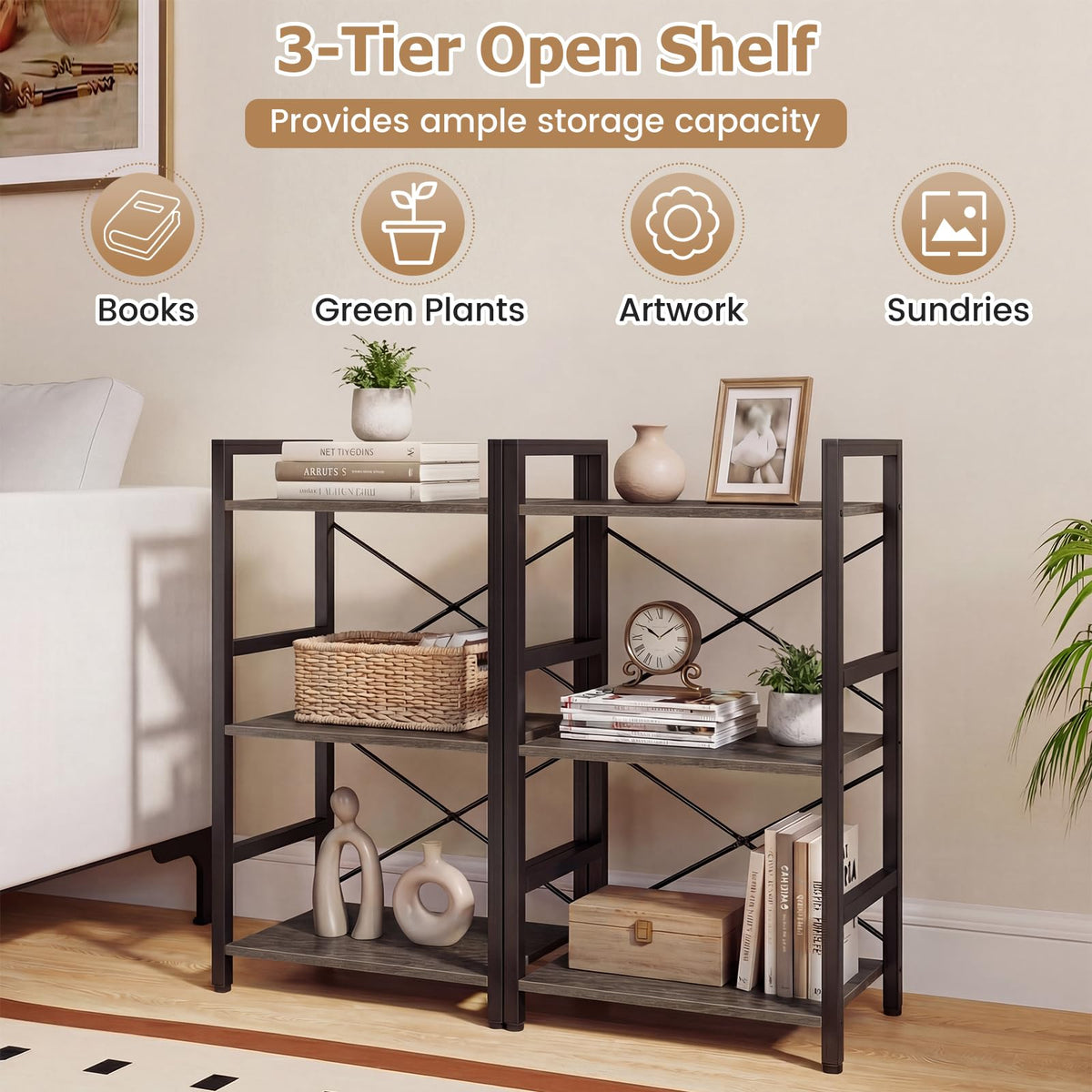 CASART 3-Tier Bookcase Grey Oak, 42 x 28 x 71cm