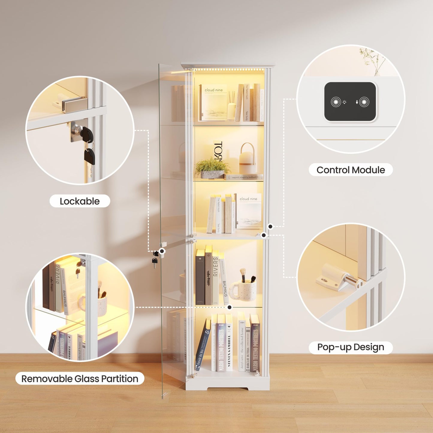 Gurexl 180cm Glass Display Cabinets with Lockable for Collectibles,White