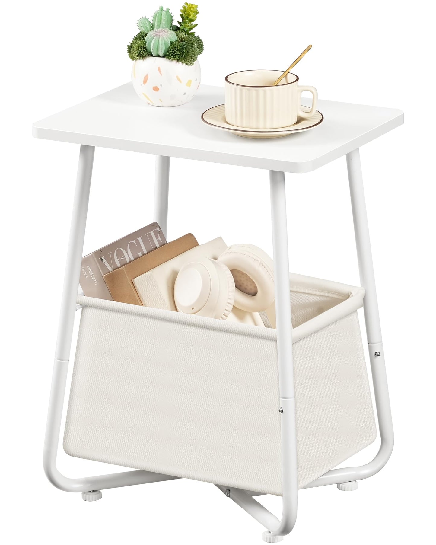 CHOEZON Small Side Table, End Table with Fabric Basket, Modern Nightstand for Small Spaces, Bedside Table for Nursery, Living Room, Bedroom, White