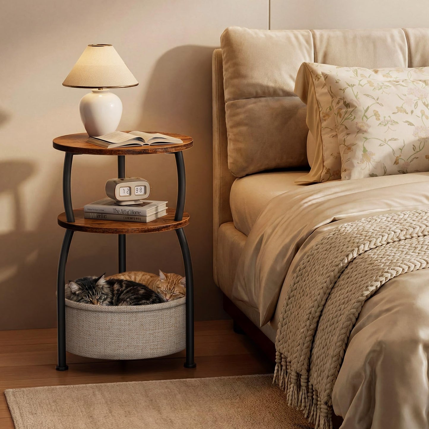 Yuede Side Table with Fabric Basket, Round End Table, 3 Tier Bedside Table, Coffee Table for Living Room, Bed Room, Modern, 40 x 61 cm, Brown