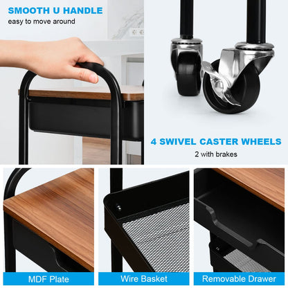 Shrivee 3-Tier Kitchen Storage Trolley on Wheels and Drawer, All-Purpose Metal Uses Trolley for Office Salon Kitchen Bathroom OfficeBlack