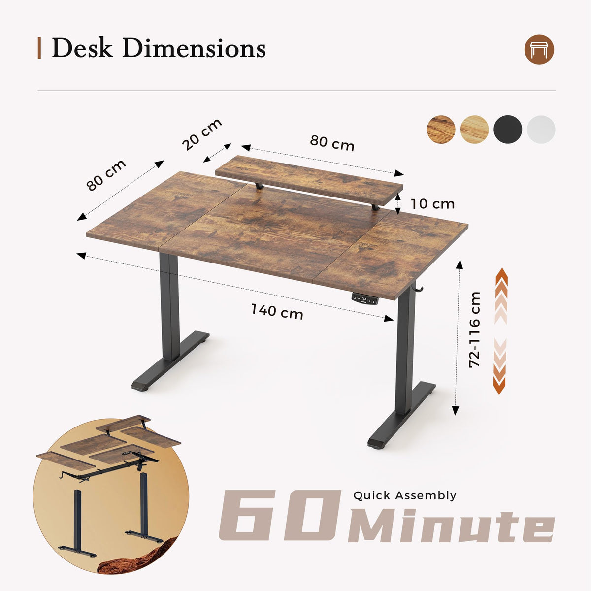 Klicelor Eletric Height Adjustable Desk, Movable Monitorstand, 140x80cm