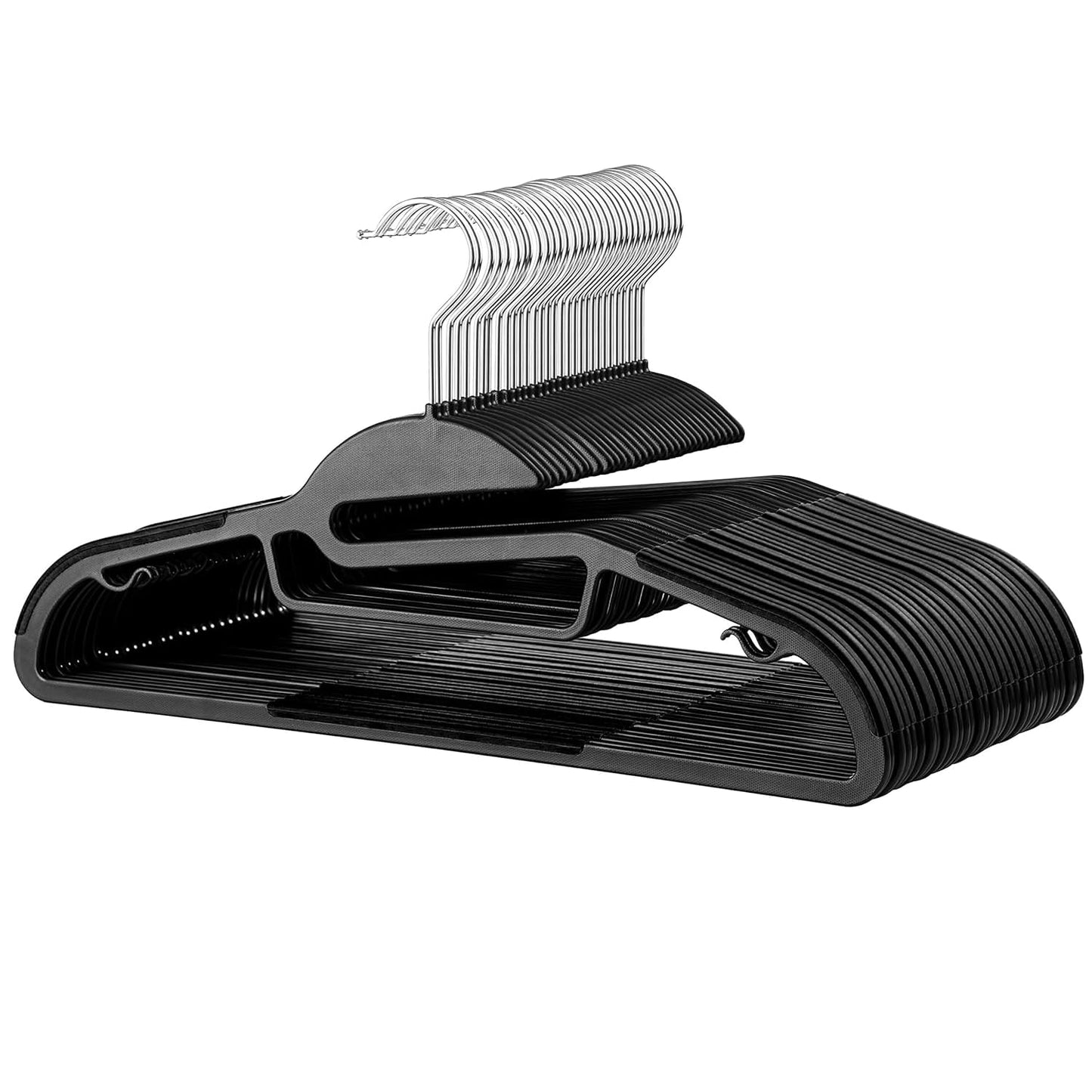 DrySmart Pack of 10 Heavy Duty Black Coat Hangers, 0.5cm Thick, S-Shaped Opening, Non-Slip Plastic Clothes Hanger Space Saving Slim Design