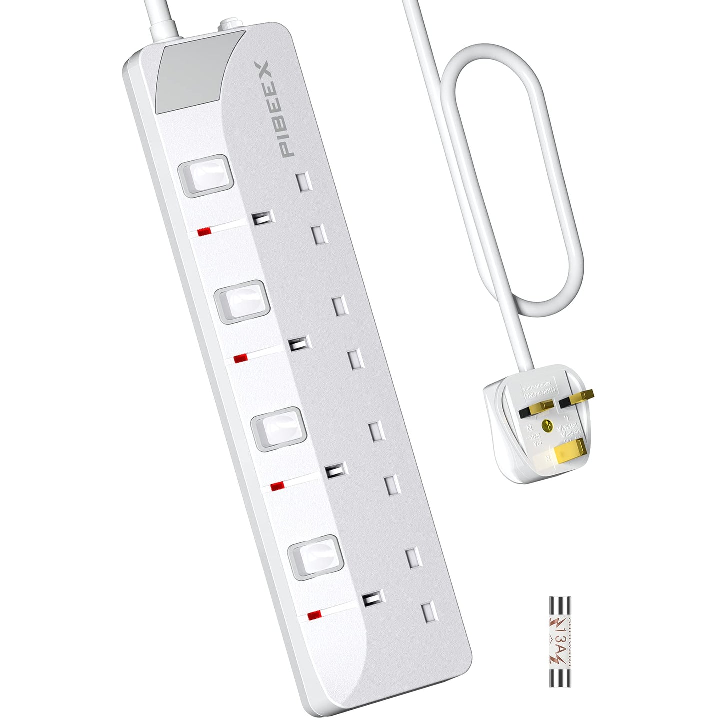 PIBEEX Extension Lead 4 Way Multi Plug Extension Sockets with Individual Switches Wall-Mounted Power Strip 5 Meter Long Extension Cord 13A Fused UK