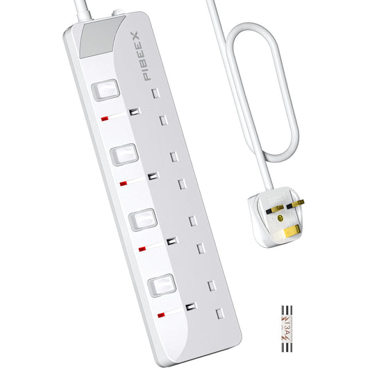 PIBEEX Extension Lead 4 Way Multi Plug Extension Sockets with Individual Switches Wall-Mounted Power Strip 5 Meter Long Extension Cord 13A Fused UK
