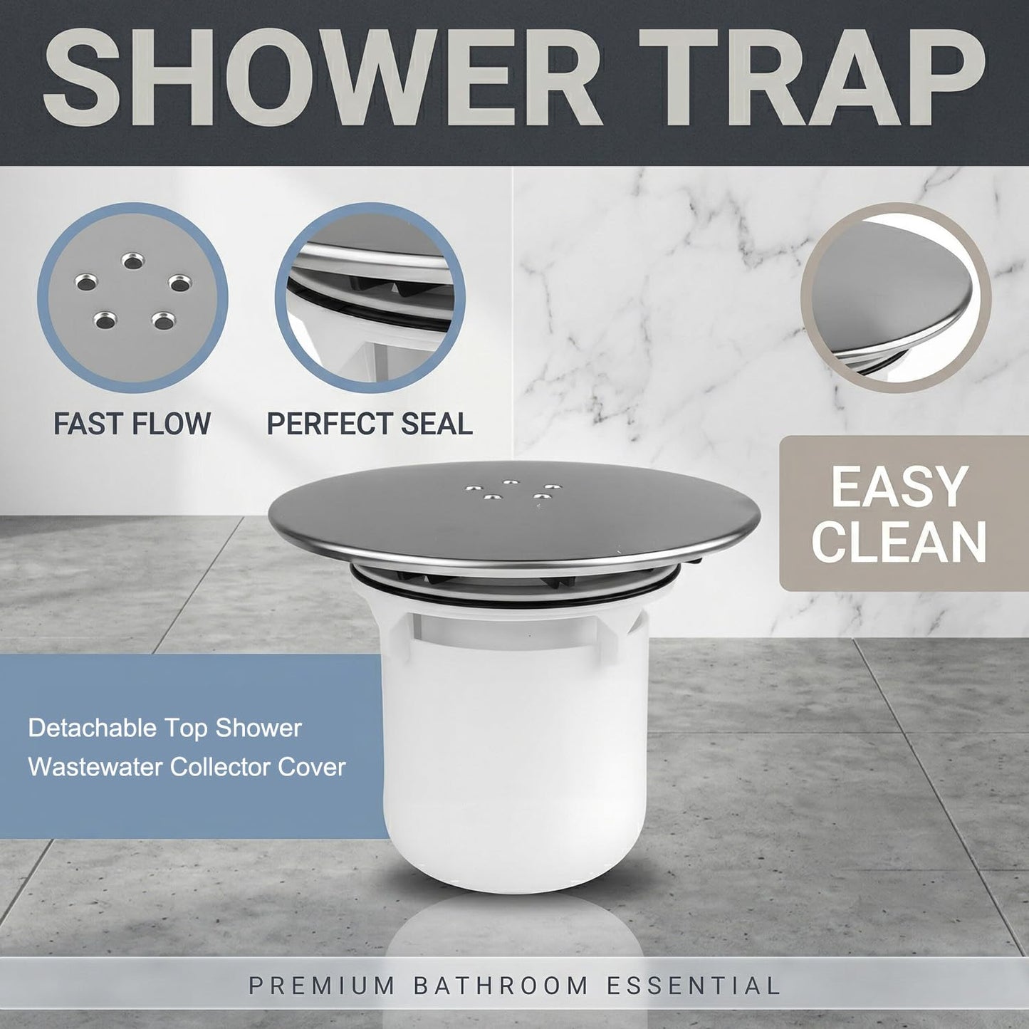 Hopzab Modern Shower Drain Cover, 115mm Round ABS Plastic Replacement Trap Cover with Easy Clean White Cup for 90mm Waste Holes, Bathroom Essential