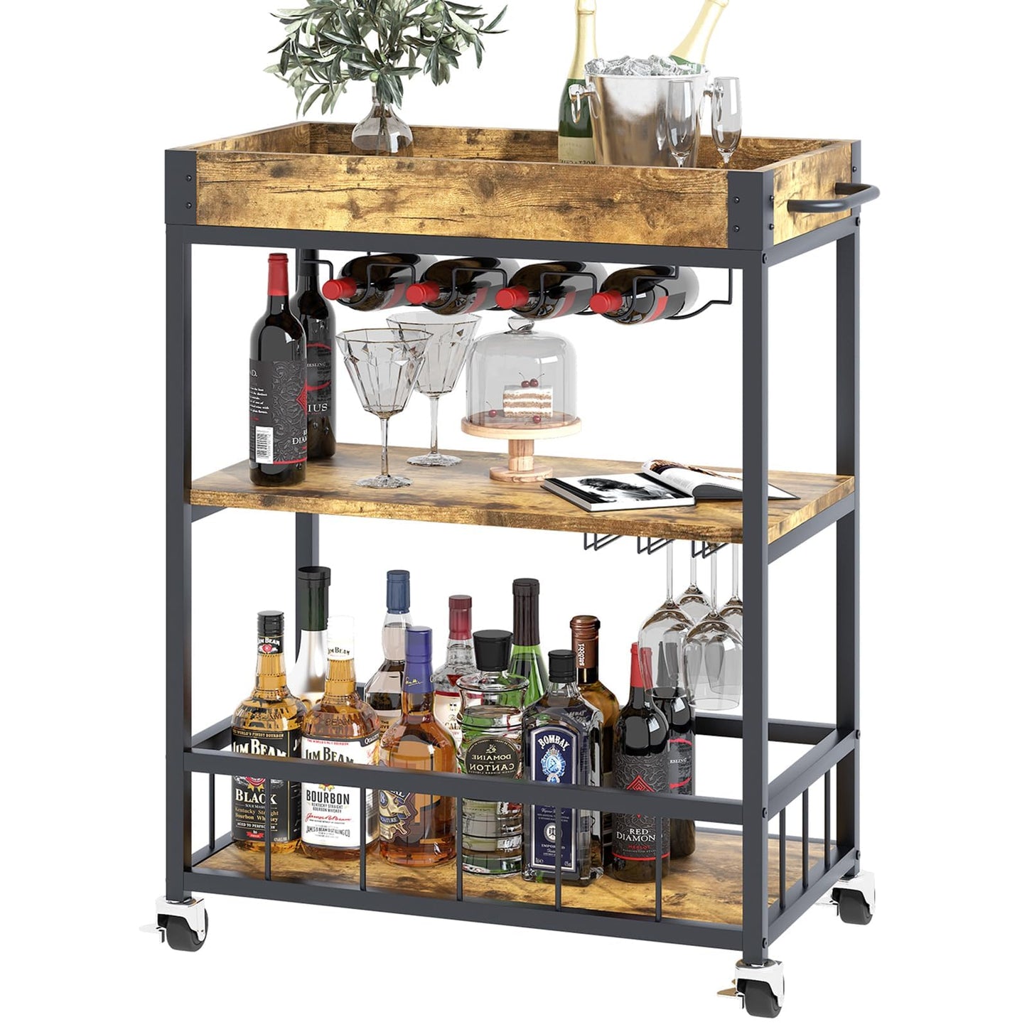 Huhote Serving Trolley, Kitchen Trolley, Bar Cart with Wheels, Wine Cart with Bottle Holder, 3 Tier Drinks Trolley for Living Room, Dining Room