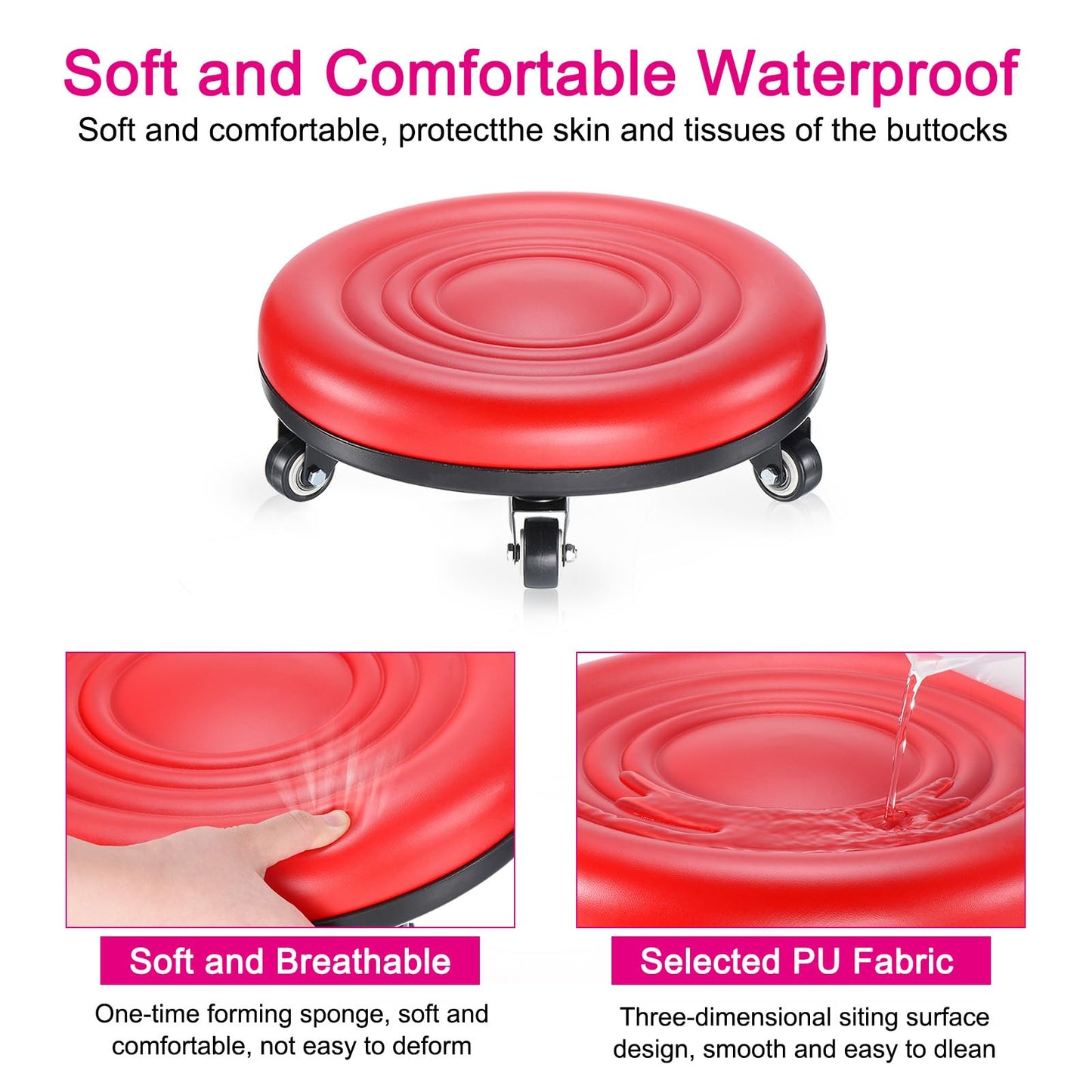 PATIKIL Low Roller Seat Wheel Chair - PU Leather Universal Wheel Stool for Home Office Fitness - Round Short Rolling Seat (Red)