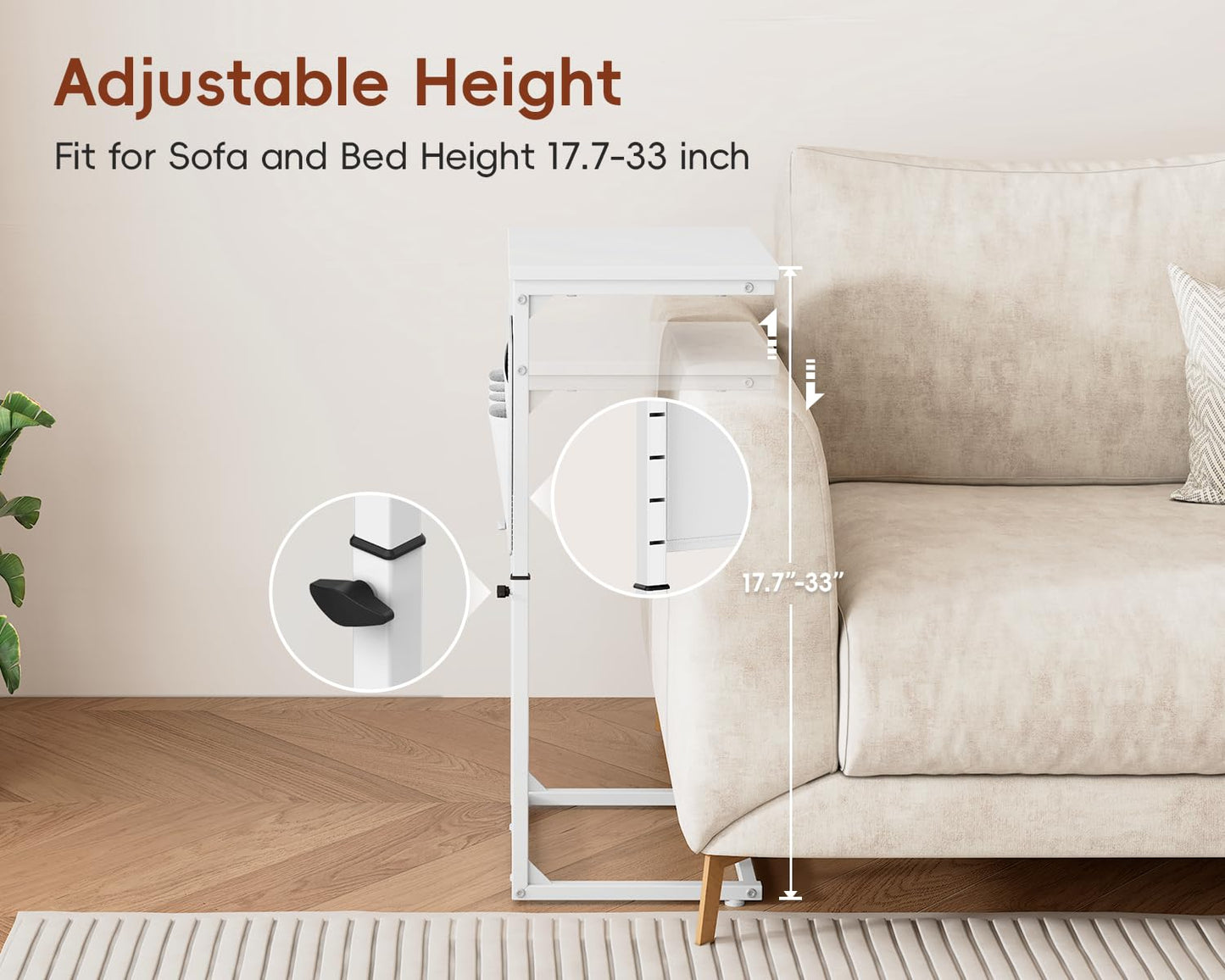 Vagusicc C-Shaped Side Table with Charging Station, Height Adjustable Sofa Side Table, Bedside Table, End Table for Small Spaces