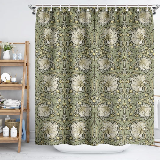 Fchen art Botanical Sage Green Yellow Flowers Shower Curtain Bathroom,William Morris Flower Pattern Print Polyester Fabric Shower Curtain For Bathroom