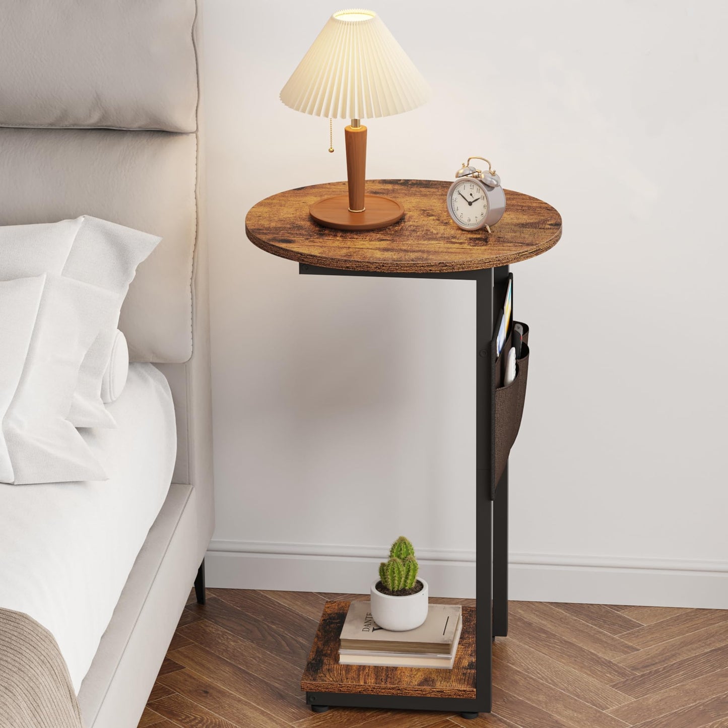 Vagusicc C Shaped End Table, Small Couch Side Tables with Metal Frame that Slide Under Sofa Table TV Tray for Living Room, Bedroom, Rustic Brown