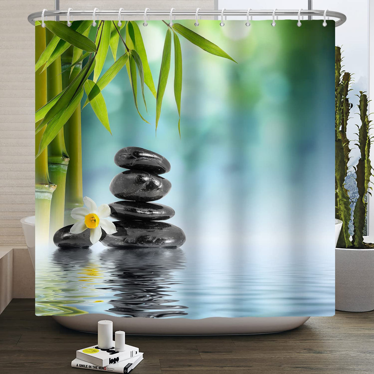 SDOTPMT 72x96inch Spa Japanese Theme Shower Curtain Green Bamboo Leaves Orchid Basalt Stones Bath Curtain Zen Meditation Bathtub Curtain for Bathroom