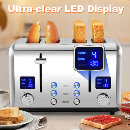 Toaster 4 Slices, Cusimax Stainless Steel Toaster with Ultra-Clear LED Display & 4 Extra-Wide Slots, Defrost/Reheat/Cancel Function, 6 Browning