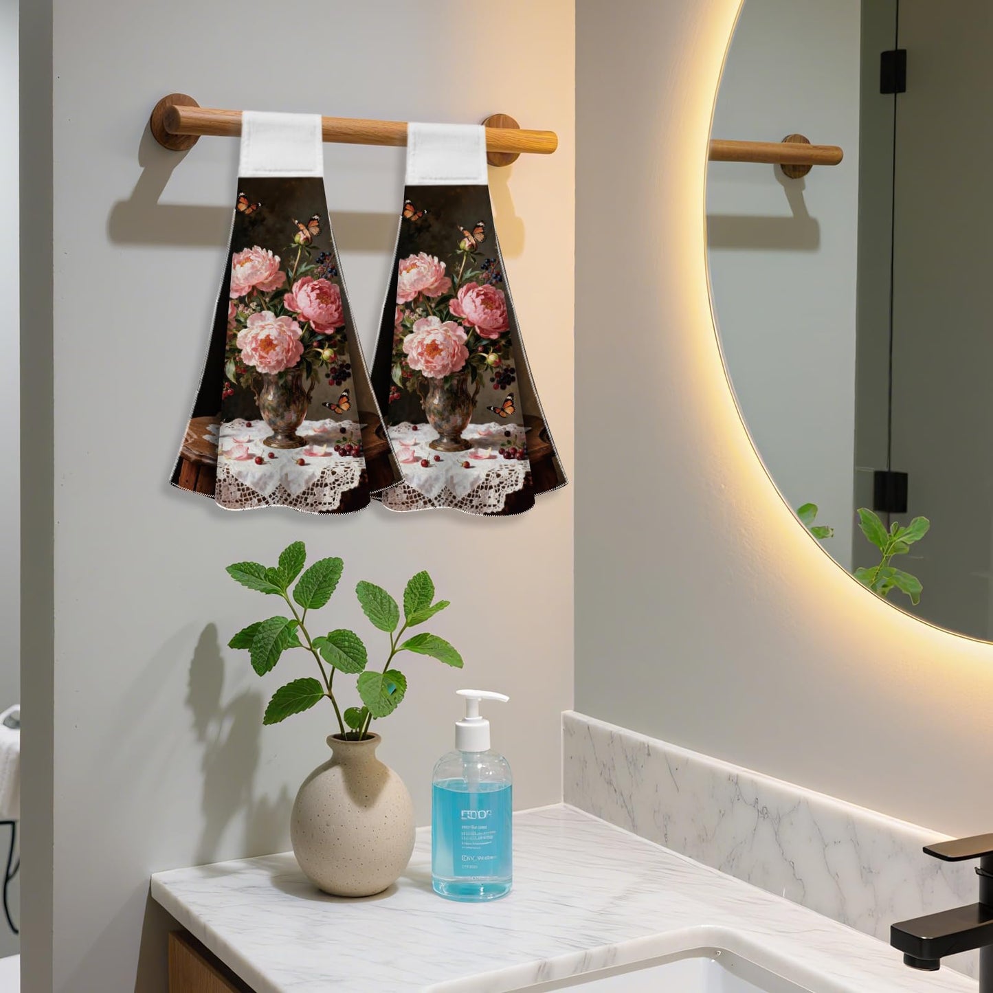 CUTHOLLOW 2 Pcs Pink Flower Oil Painting Hanging Kitchen Towels with Loop
