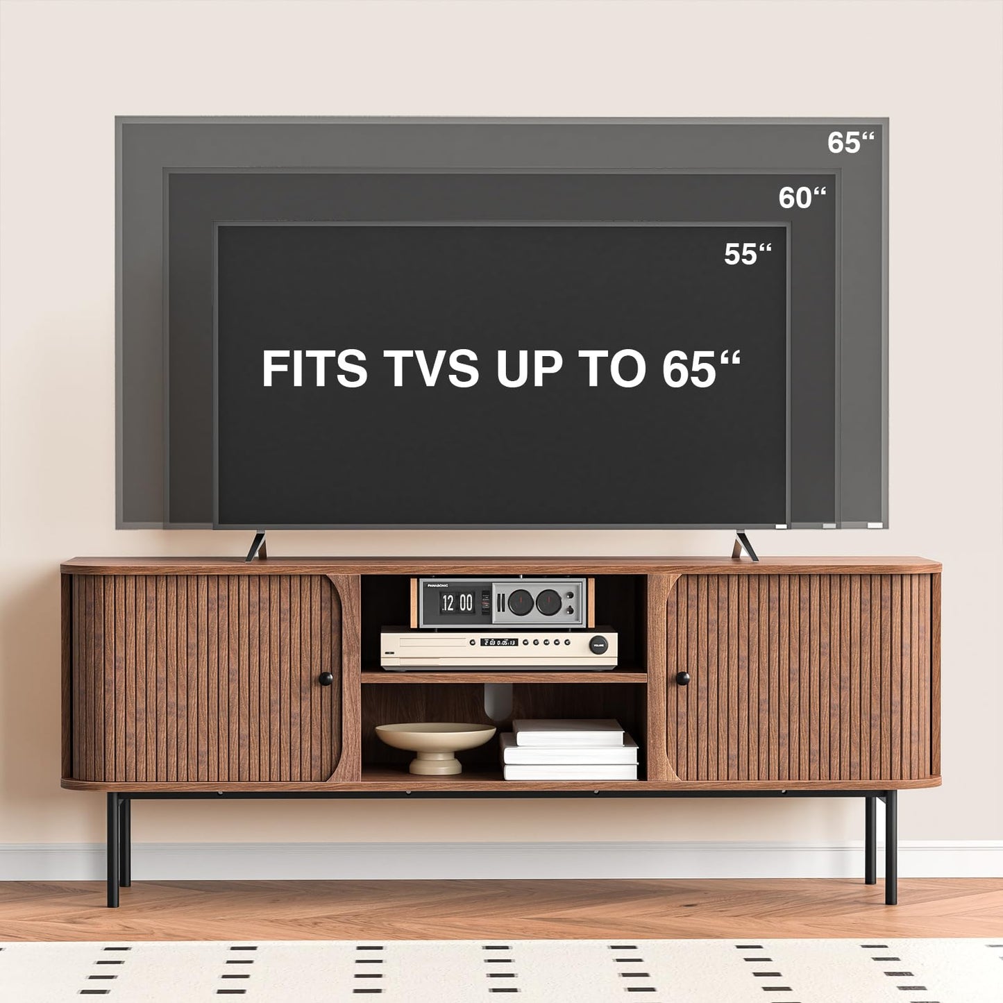 Skokliz TV Stand Cabinet for TVs up to 65 inch, Mid-Century Modern TV Console with 2 Tambour Door Storage, 150cm Long TV Cabinets for Living Room