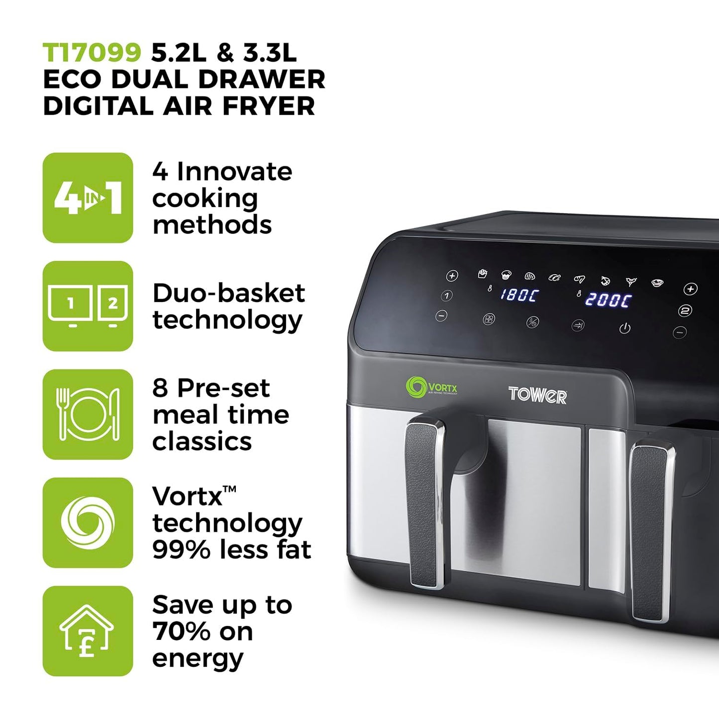 Tower T17099 Vortx 5.2L & 3.3L Eco Dual Basket Air Fryer with 8 One-Touch Pre-sets, 1700W, Black