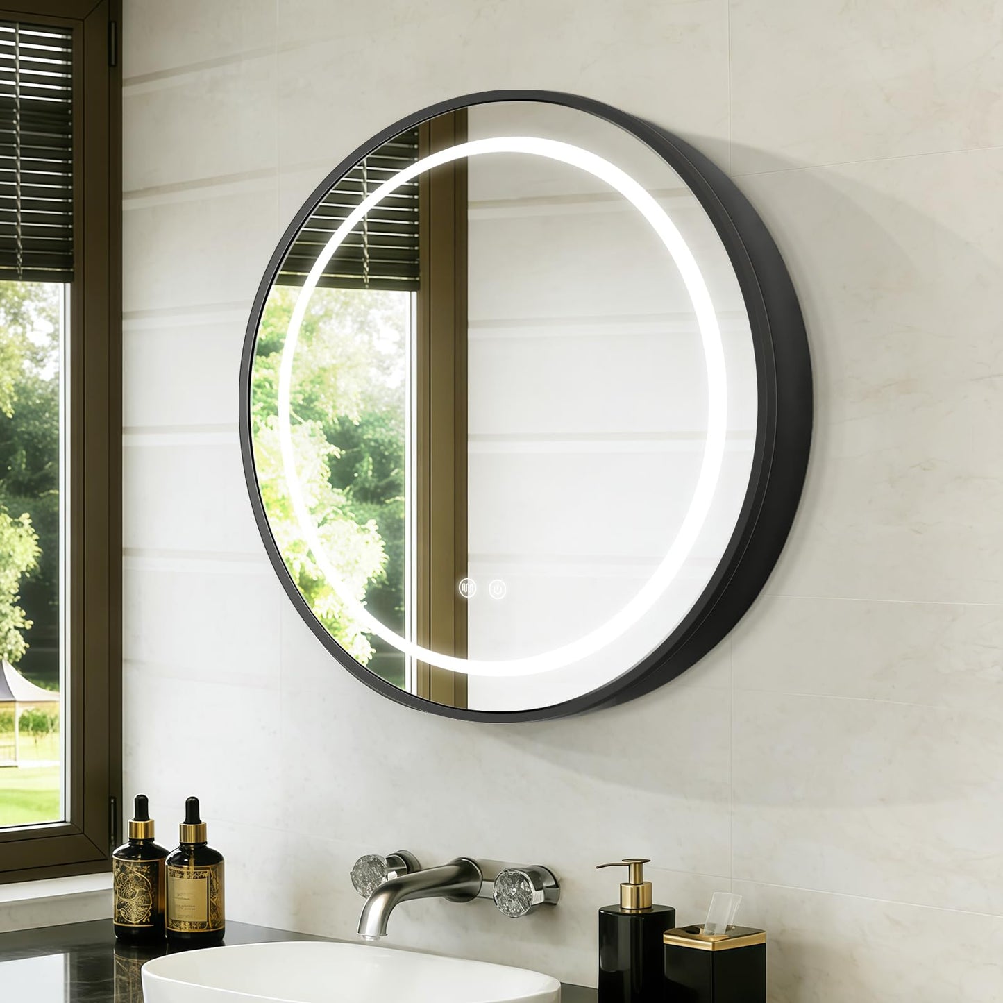 KAASUNES Round Mirror Cabinet with Light,Aluminum Framed,3 Colors Temperature&Dimmer,USB Shaver Socket,Defogger,61cm,black