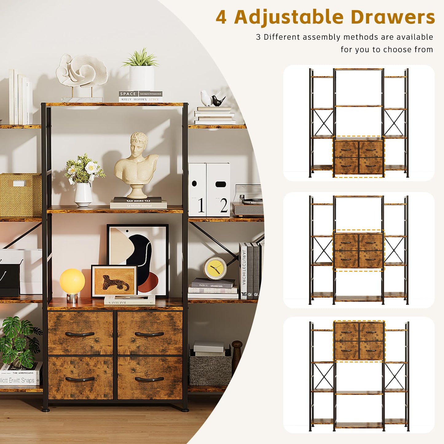 VERMESS 122W x142H cm Triple Book Shelf, 4 Tier Industrial Bookshelf for Home & Office, 47" Wide Large Shelving Unit with 4 Adjustable Fabric Drawers
