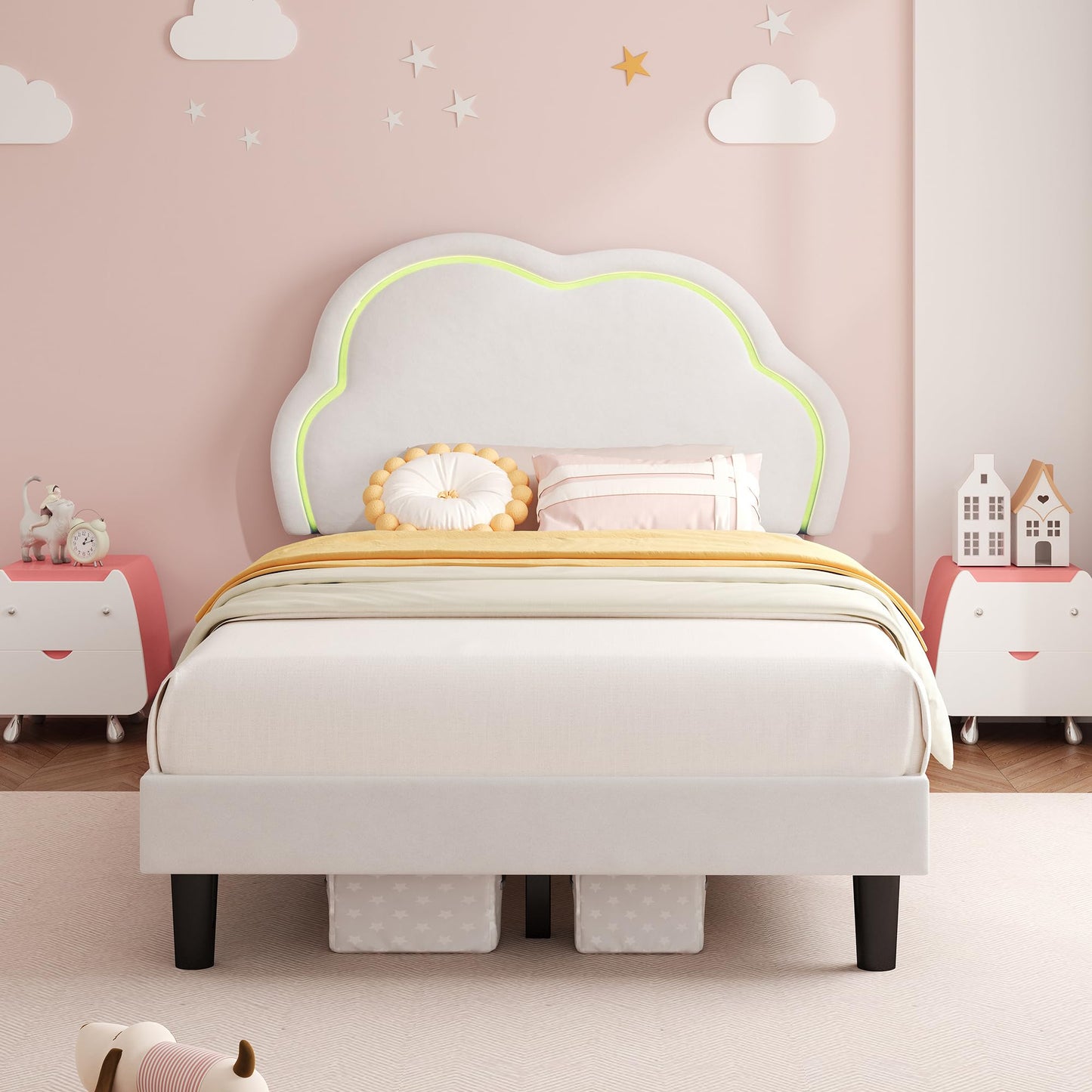 Ball & Cast 3ft Single Upholstered Bed with LED Adjustable Cute Cloud Headboard, Soft Velvet Bed Frame with Solid Wood Slat, No Box Spring Needed