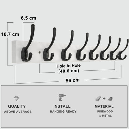 HONSKY Wall Coat Rack with 8 Double Hooks,Wooden Coat and Towel Hanger Storage for Entryway, Bathroom, Bedroom, Garage,White Base/Black Hook,2 Pack