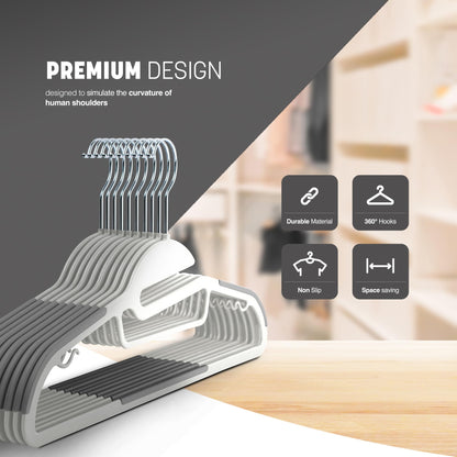 KEPLIN 20-Pack Non-Slip Hangers – Durable, Slimline Design for Space Saving with 360° Swivel, Tie Organiser, Strap Hooks, and S-Shape Opening White