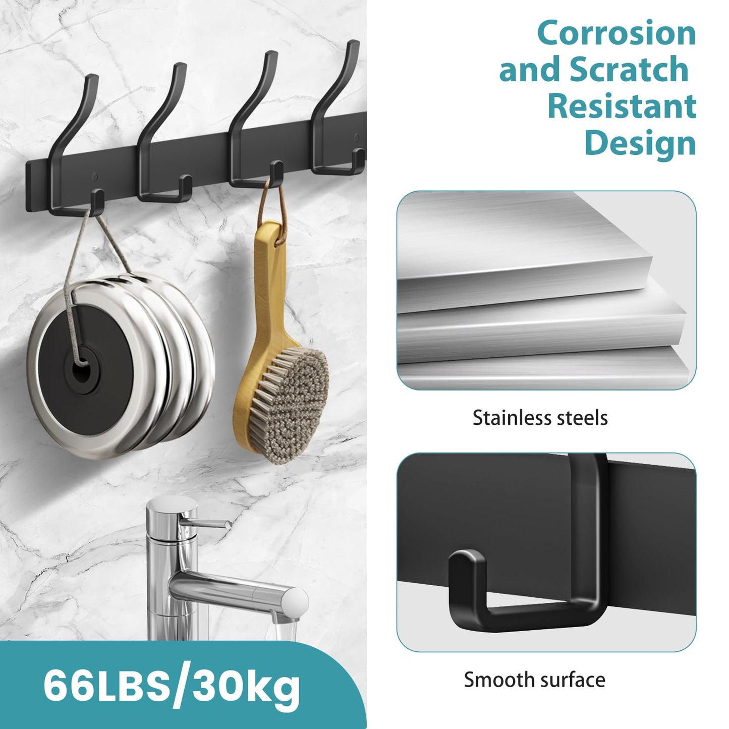 MEIJO Coat Hooks Wall Mounted Stainless Steel, Black Coat Rack Wall Mounted with 8 Hooks Heavy Duty Coat Hooks for Door, Bathroom, Bedroom, Kitchen