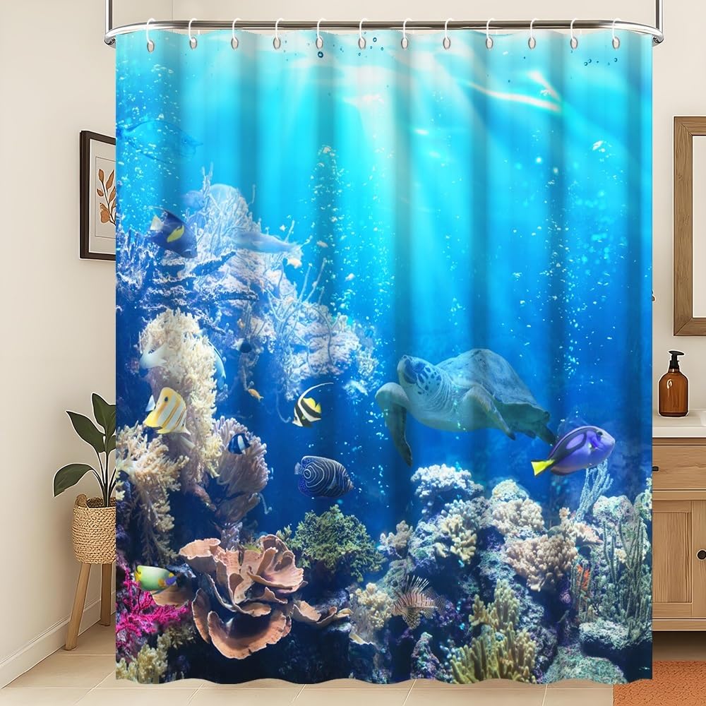 Xiaoterna Ocean Shower Curtain Underwater Marine Life Sea World Turtles Fishes Bathroom Curtain Coral Reef Floral Washable Waterproof Mildew