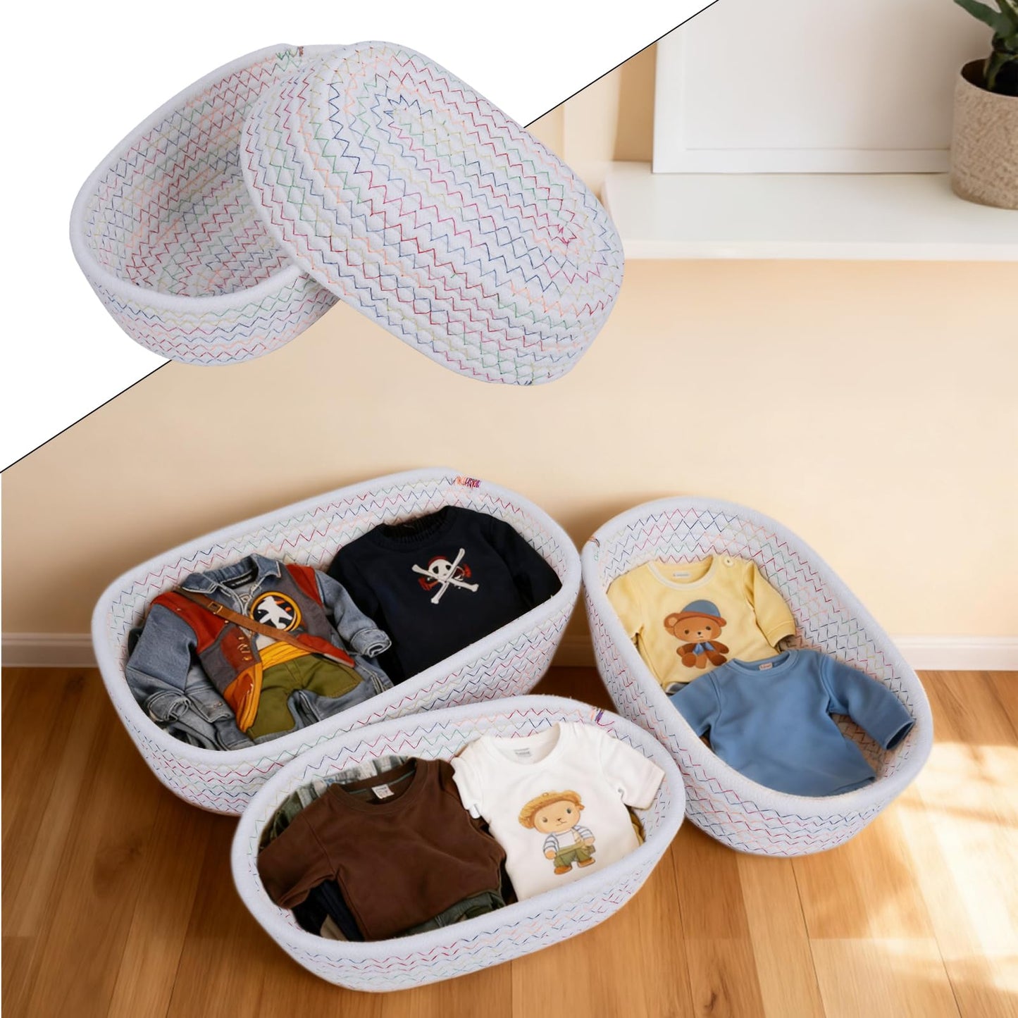 3 Pcs Cotton Woven Baskets for Storage, Cotton Rope Basket, Bathroom Storage Baskets for Shelves Drawer Closet Shelf Kitchen Toiletries Make up