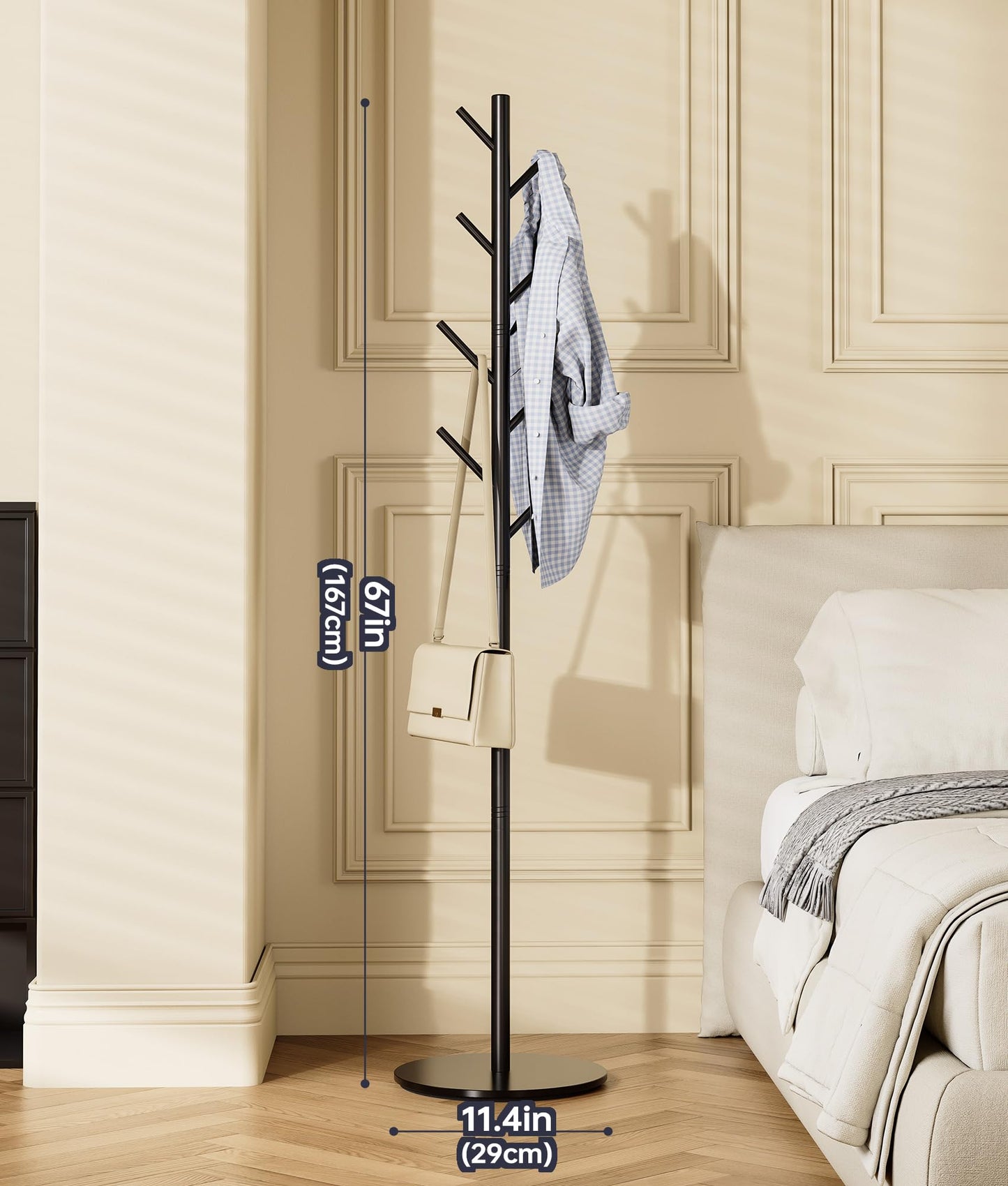 Tujurich Coat Stand with 8 Hooks, 3 Adjustable Heights, Sturdy Metal Coat Rack with Sintered Stone Base, for Hallway, Entrance or Bedroom