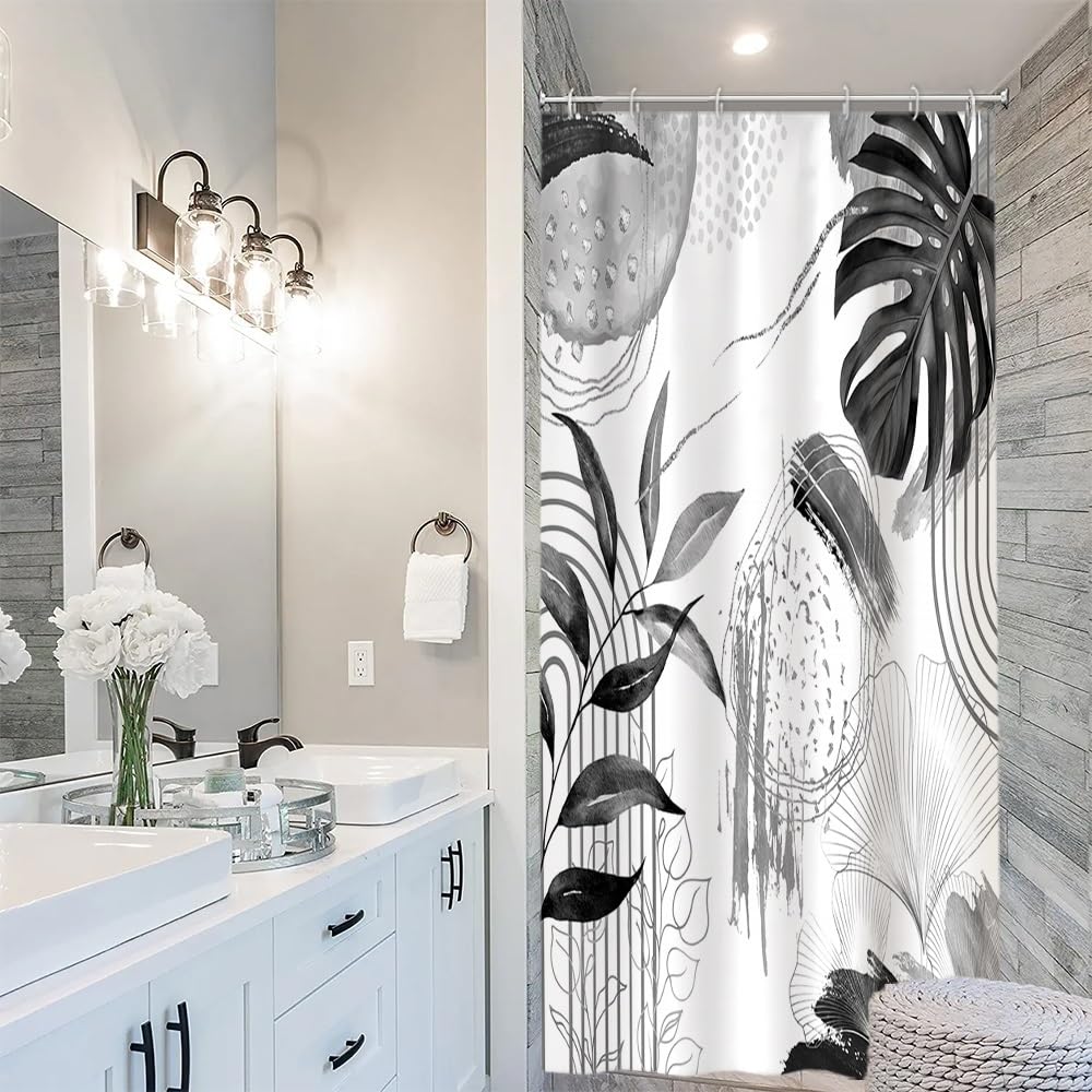 Uiiooazy Anti-Mould Shower Curtain, Narrow Shower Curtain 90 x 180 cm, Grey Tropical Palm Leaves Jungle Boheme Bath Curtains Washable Fabric