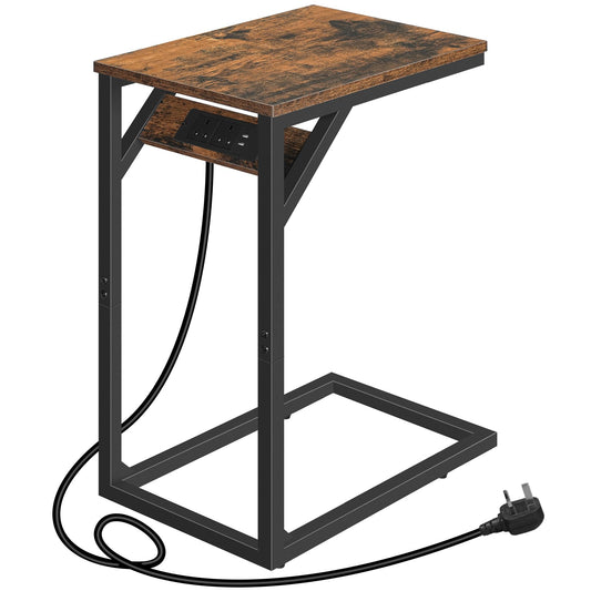HOOBRO C Shaped Side Table, Sofa Table with Charging Station, Laptop Table for Sofa, 2 USB Ports 2 AC Outlets, Narrow Bedside Table with Power, Living