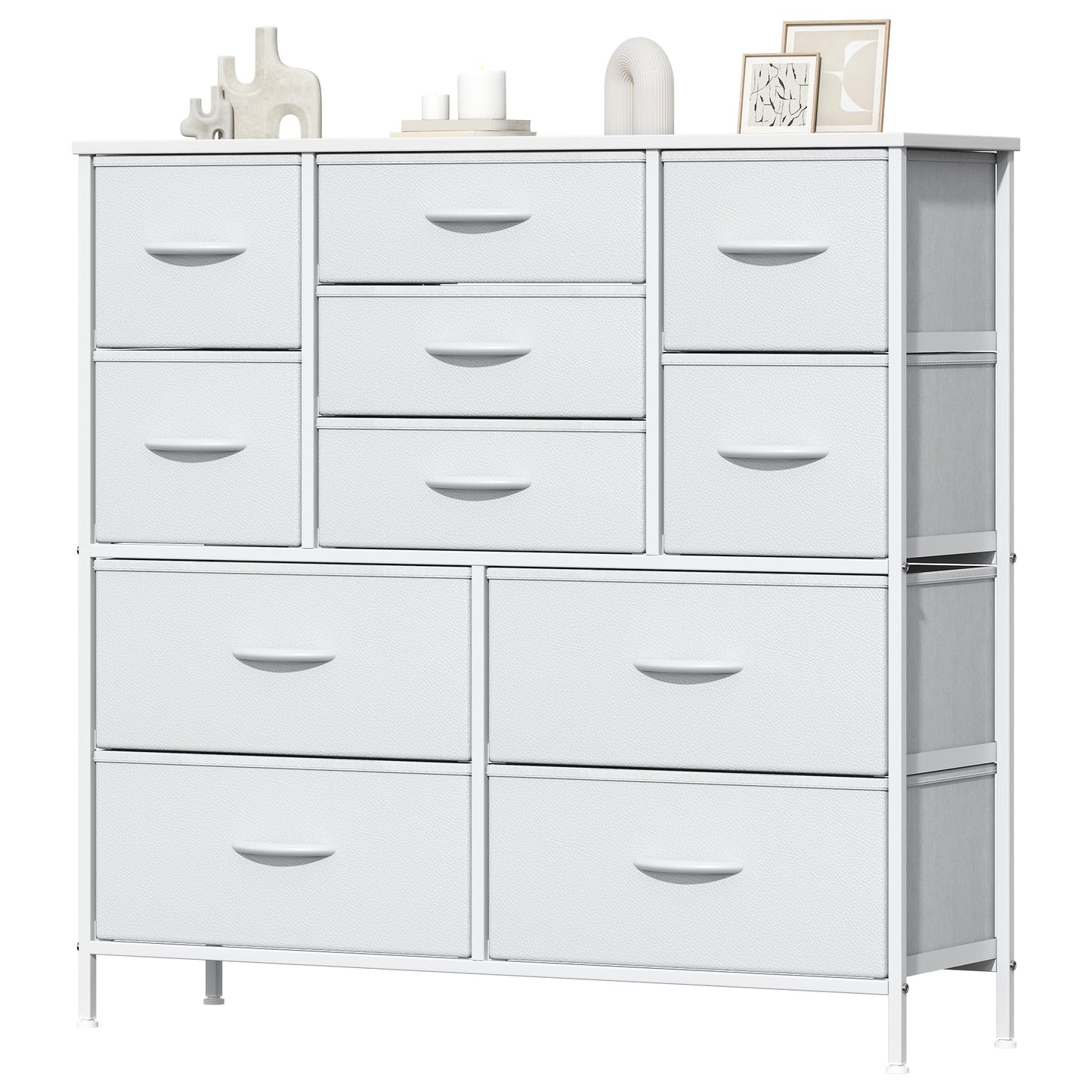 Feonase Chest of Drawers, Bedroom Tall Dresser with 11 Fabric Drawers, Metal Frame & MDF Wood Top, Adjustable Feet, Storage Organizer Unit for
