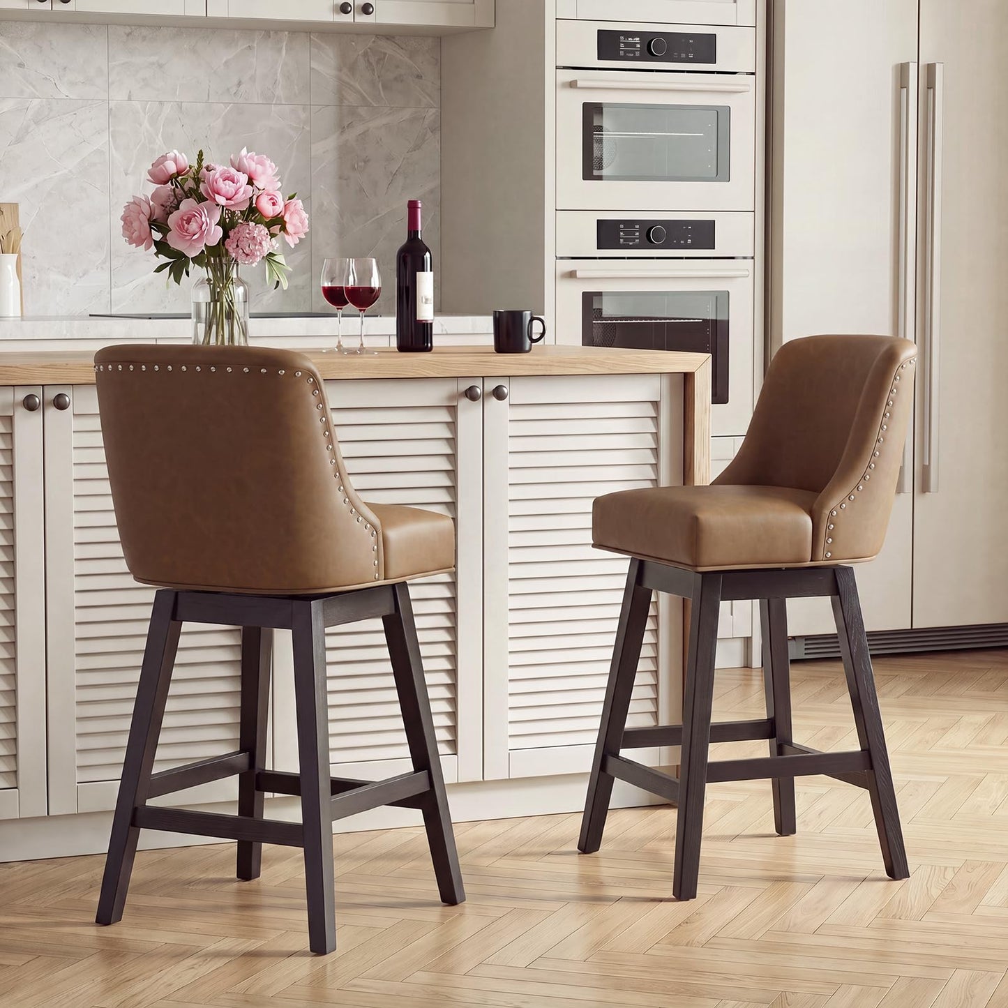 Bar Stools Set of 2, 360° Swivel Upholstered Counter Stools with Back, Wooden Frame Kitchen Bar Chairs with Nailhead Trim