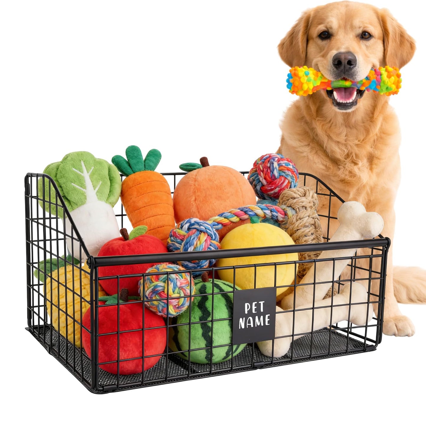 Penitue Indestructible Dog Toy Basket, 42.5x28x21.5cm/16.7x11x8.5in Metal Pet Storage Box Bin Holder for Chew Toys Bones and Treats Durable Toy