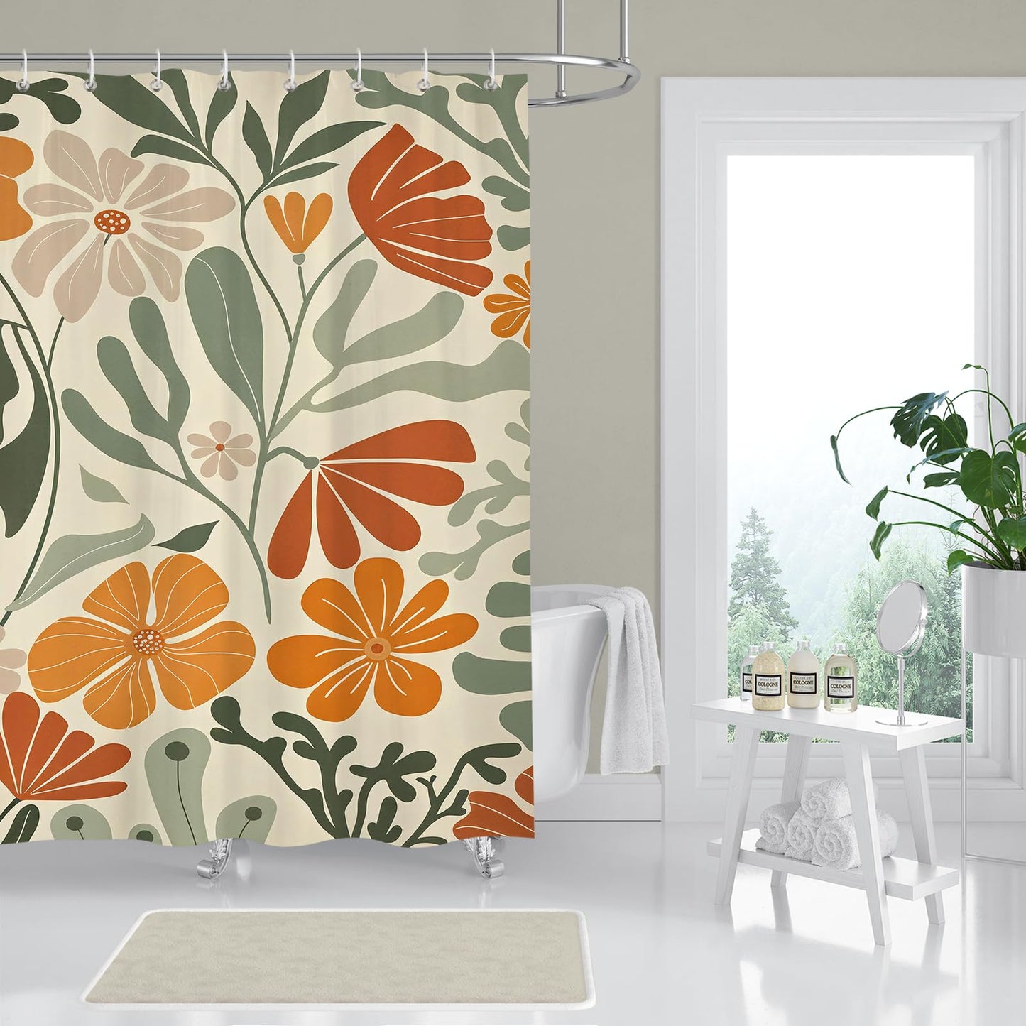 Hopomoon Orange Boho Shower Curtain,Cute Colorful Floral Abstract Plants Spring Bathroom Curtain with 12 Hooks,180 x 180cm