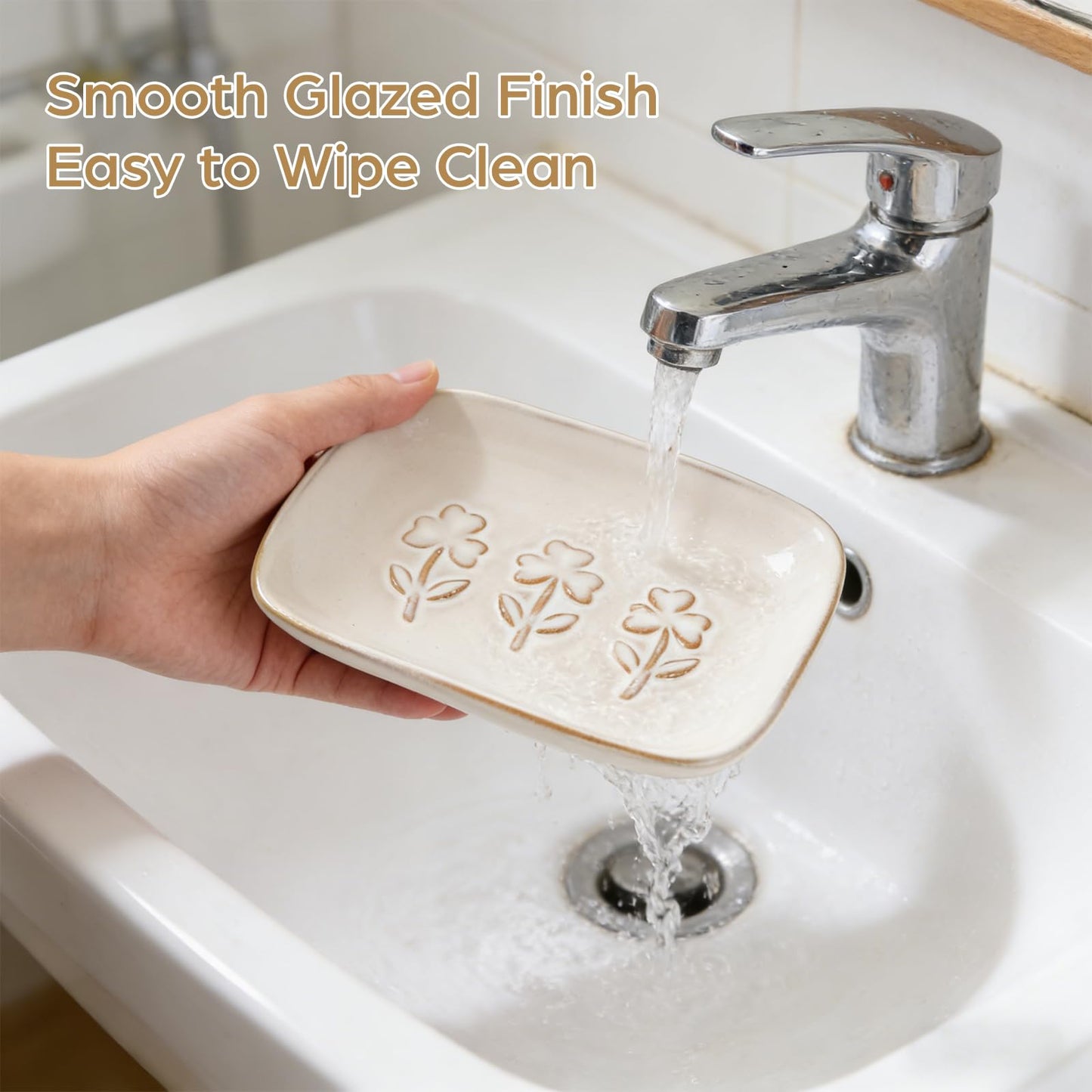 Ceramic Soap Dish, Soap Holder for Bathroom Shower & Kitchen, Anti-Slip Soap Tray with Raised Floral Pattern, Waterproof Glazed Dish Keeps Soap Dry