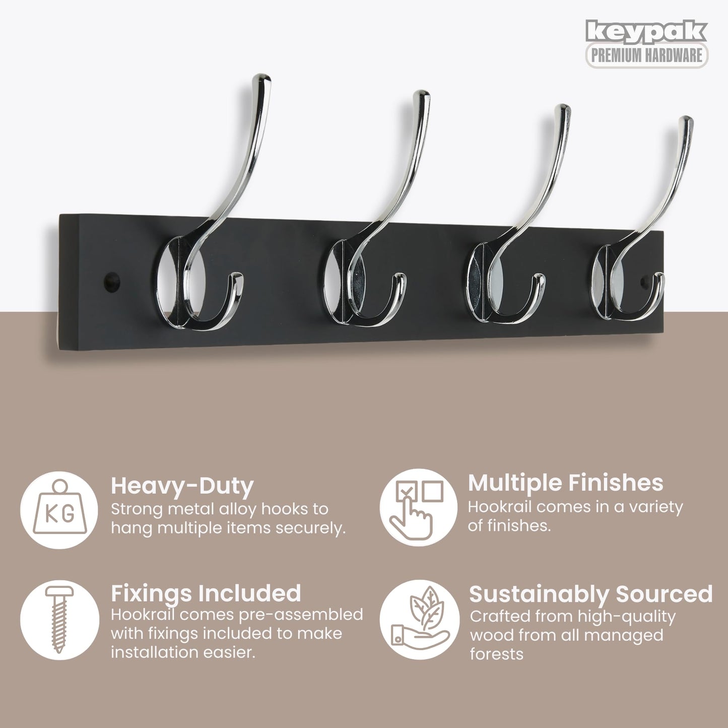 keypak Victorian Wall Mounted 4 Chrome Hooks Black Wooden Coat Rack