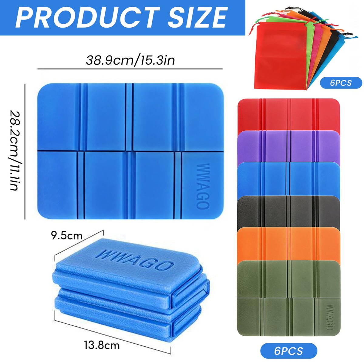 SJDOFU Folding Foam Sit Mat, 6 PCS Mat Hiking with 6 Color Storage Bags