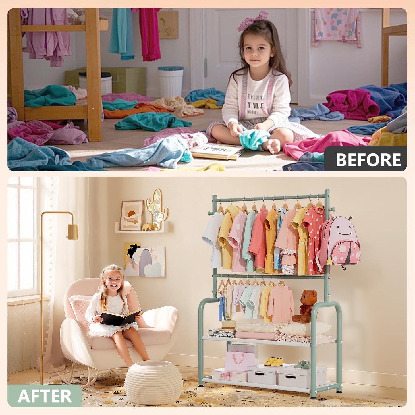 Kids Clothing Rail, Adjustable Toddler Dress Up Storage Rack, Green