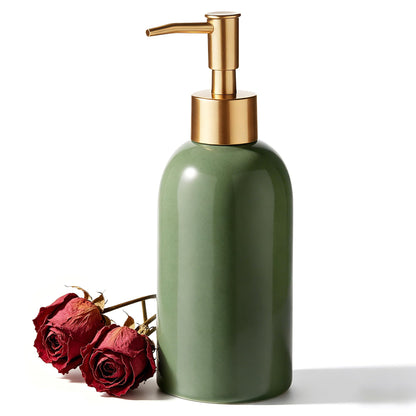 Hejo 350ml Ceramic Soap Dispenser with Matte Gold Pump, Refillable Liquid Hand Wash Soap Dispenser for Laundry Room, Bathroom & Kitchen Green