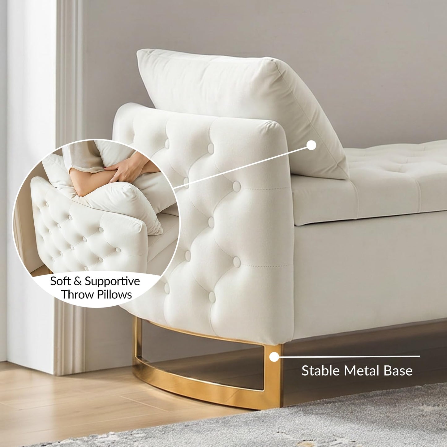 HULALA HOME Large Storage Bench with Metal Base for End of Bed, Ivory