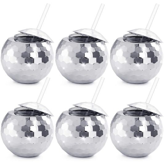 Nicunom 6 Pack Disco Ball Cups with Lids & Straws, 600ml Reusable Silver Disco Ball Tumbler 1970s Disco Flash Ball Cocktail Cup Sparkly Glitter Disco